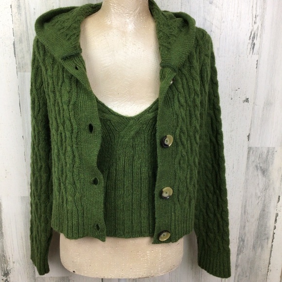 NWT New $148 Anthropologie Hooded Green Cable Knit Cardigan Tank Sweater Set M - Picture 5 of 16